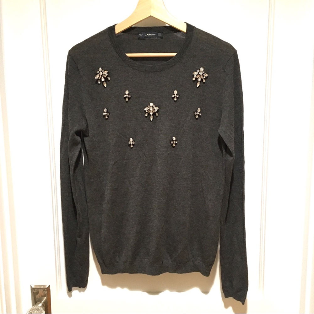 Zara Knit Gray Sweater Bejeweled Appliqué M